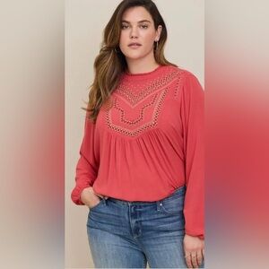 SHIRT - Women's Torrid Orange "Baked Apple" Crinkle Gauze Embroidered Tunic. 2X